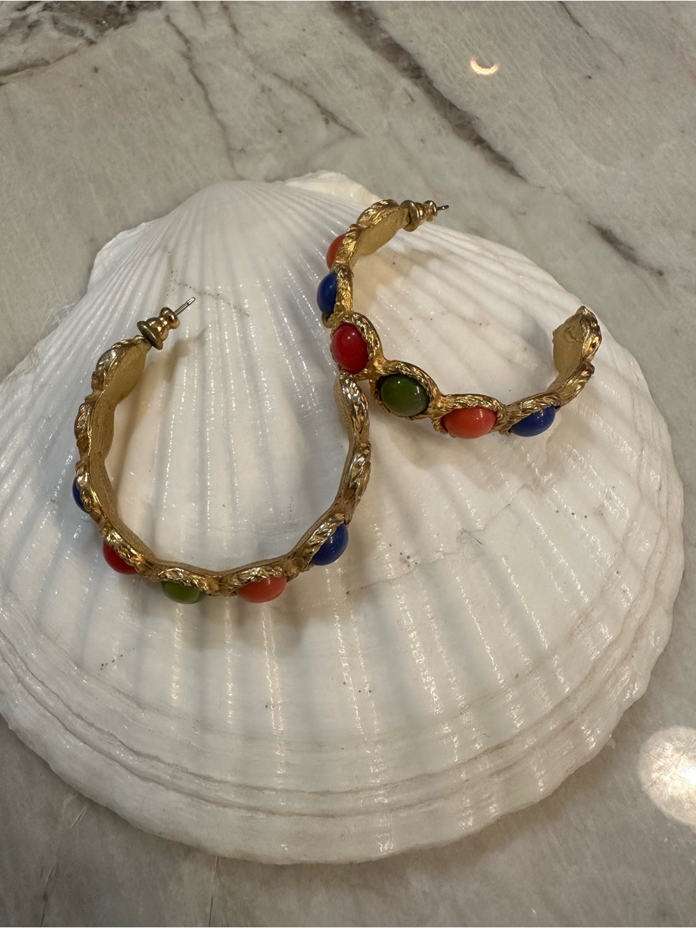 Gold Hoop Earrings with Multicolor Cabochons